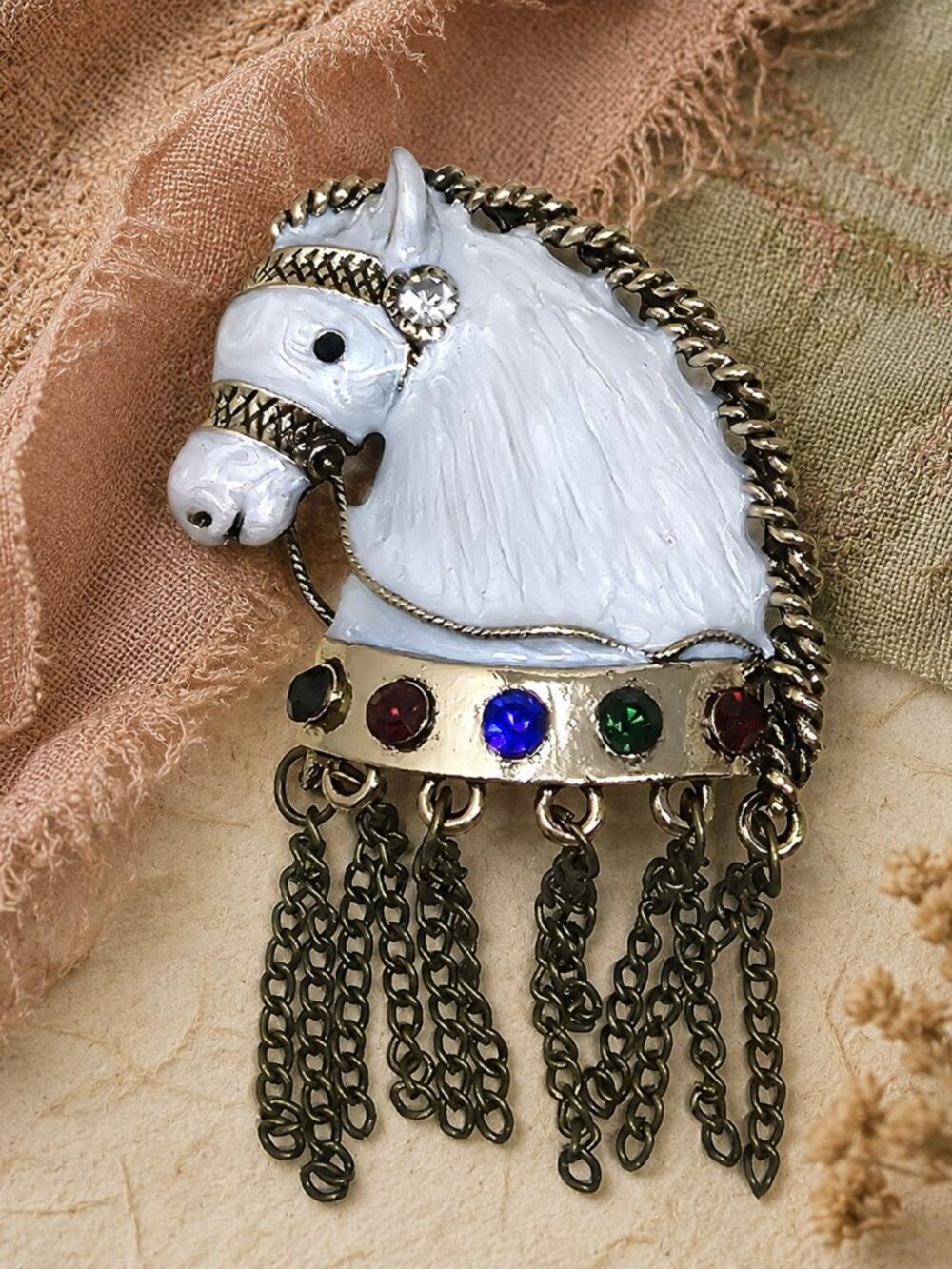 Vintage White Horse Brooch & Pendant with Rhinestones and Chain Fringe